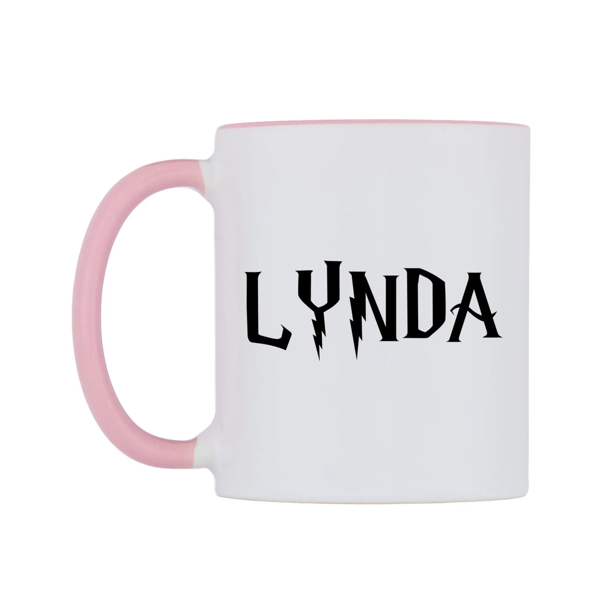 Lynda - Wizard Themed Mug — white 11oz gloss mug with a pink inside and handle, right side, on a white background