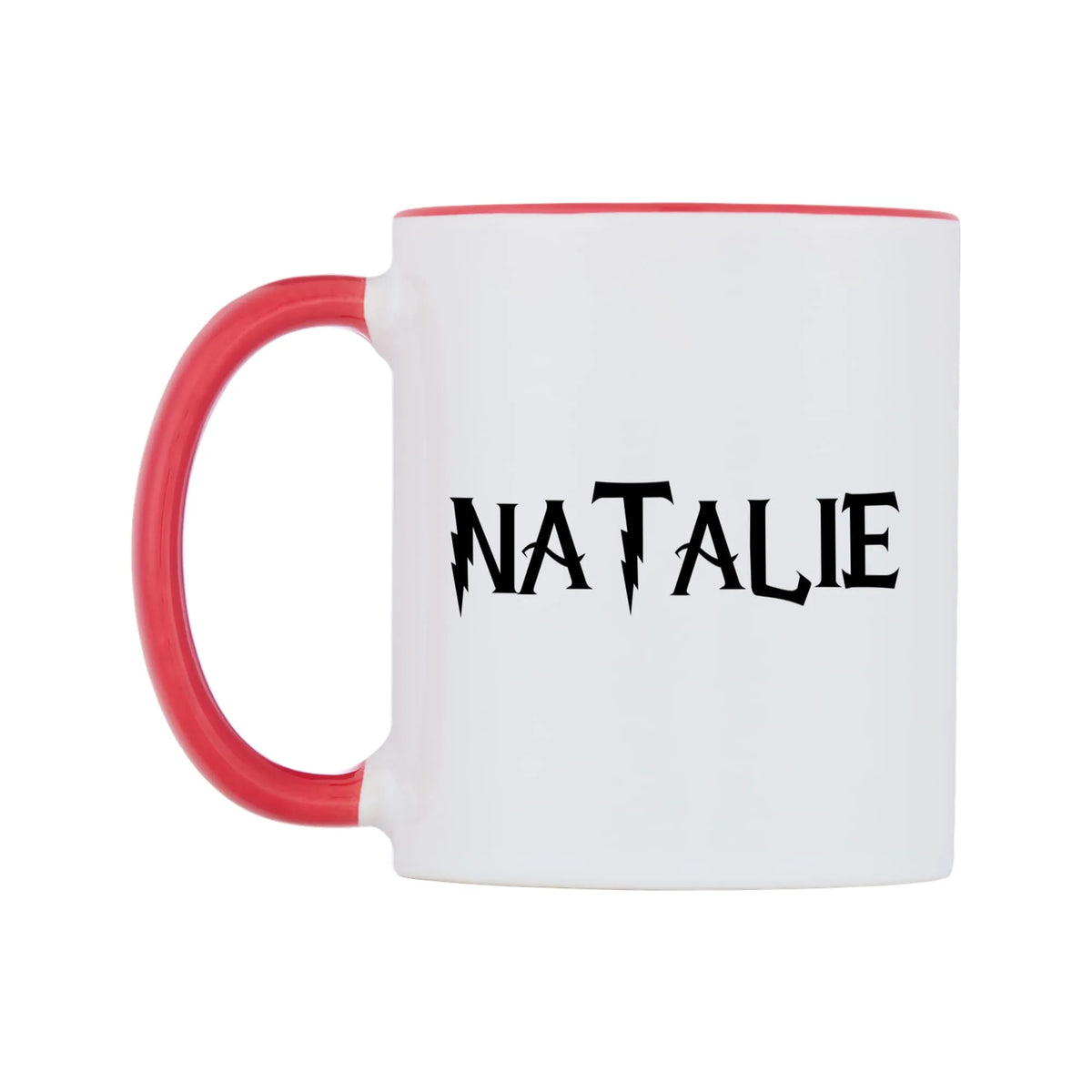 Natalie - Wizard Themed Mug — white 11oz gloss mug with a red inside and handle, right side, on a white background