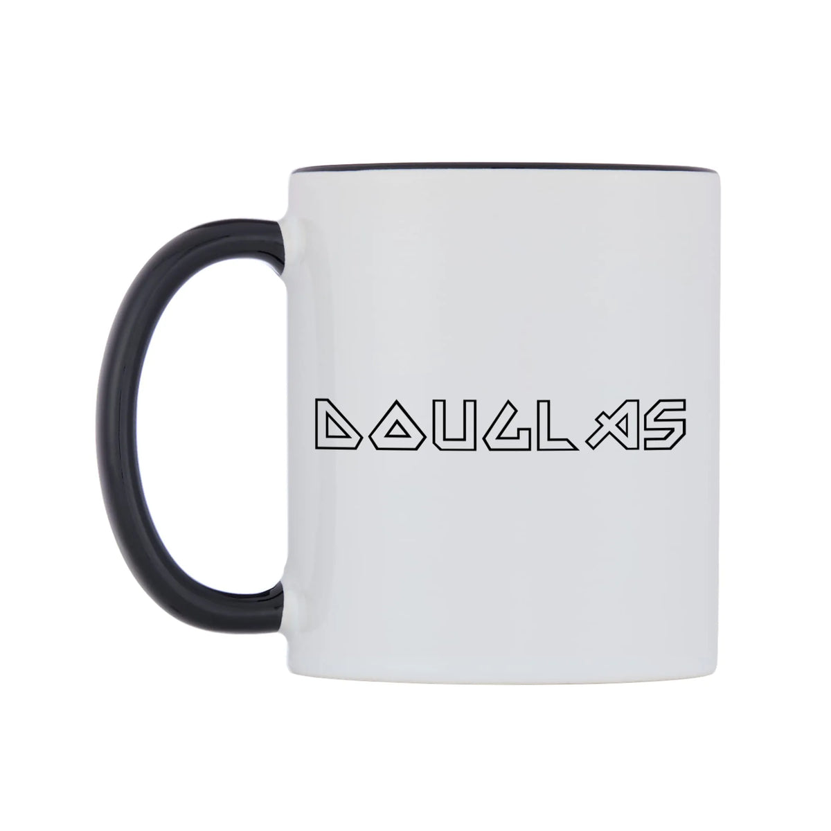 Douglas - Iron Maiden Themed Mug — white 11oz gloss mug with a black inside and handle, right side, on a white background