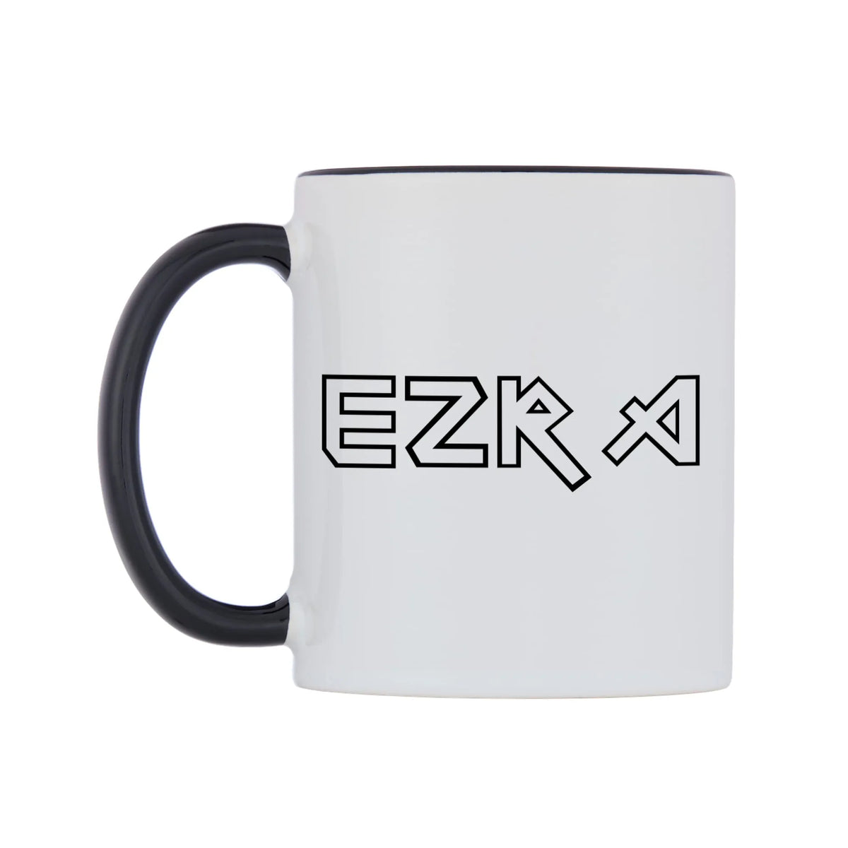 Ezra - Iron Maiden Themed Mug — white 11oz gloss mug with a black inside and handle, right side, on a white background