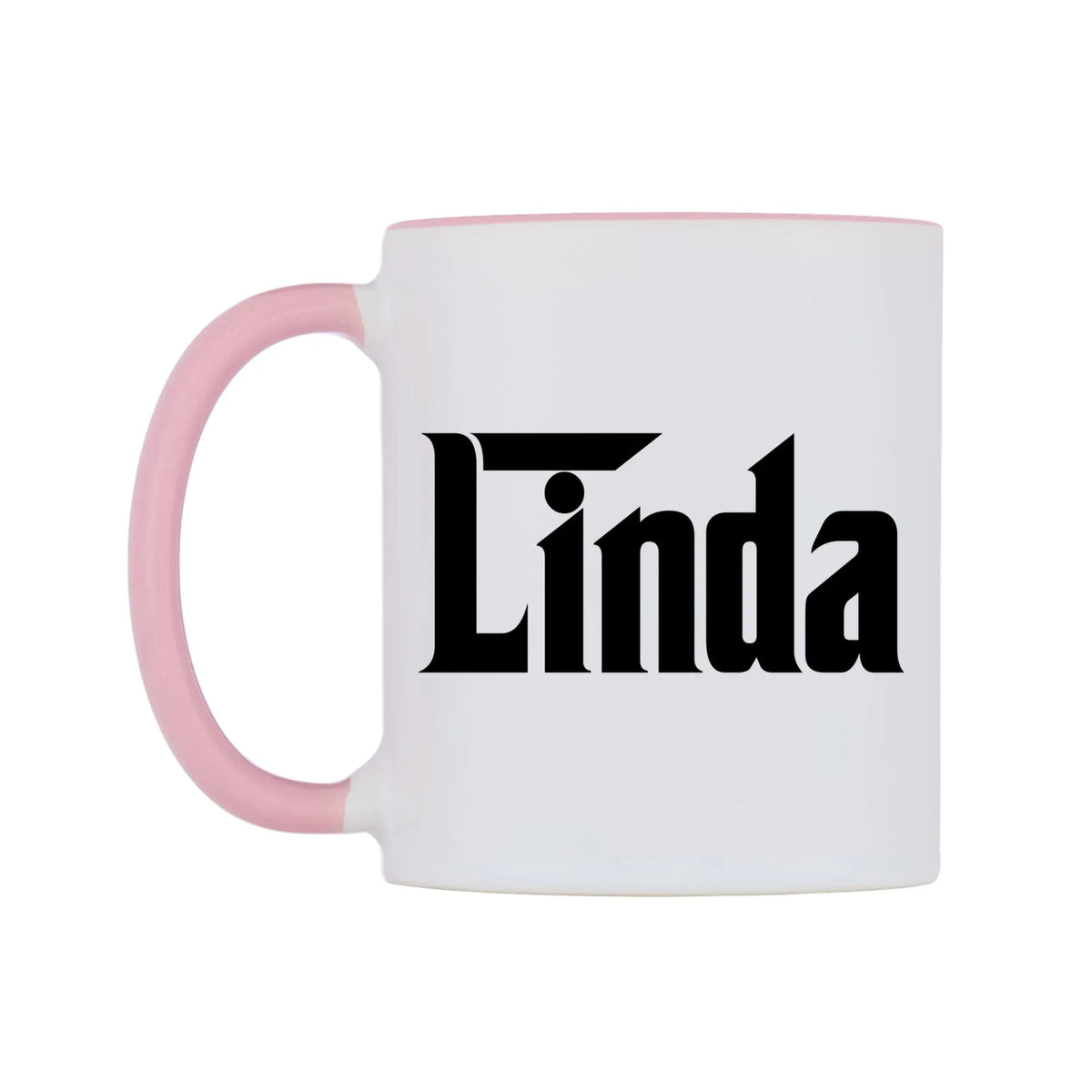 Linda - Godfather Themed Mug — white 11oz gloss mug with a pink inside and handle, right side, on a white background