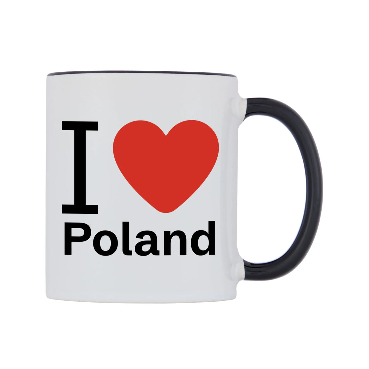 I Love Poland Mug — white 11oz gloss mug with a black inside and handle, left side, on a white background