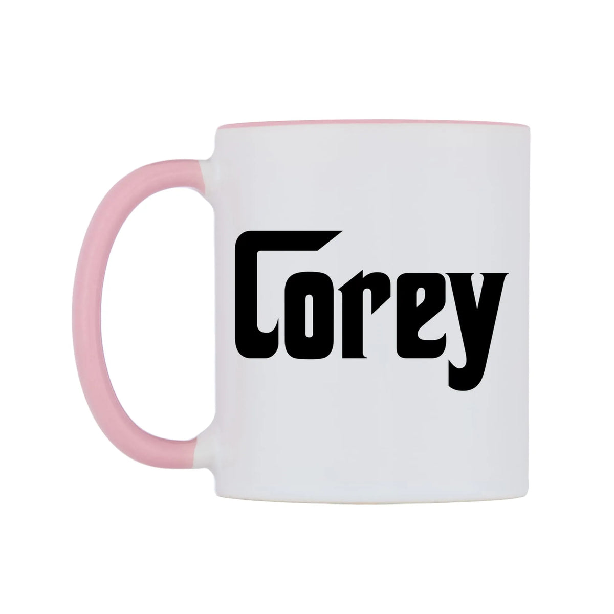Corey - Godfather Themed Mug — white 11oz gloss mug with a pink inside and handle, right side, on a white background