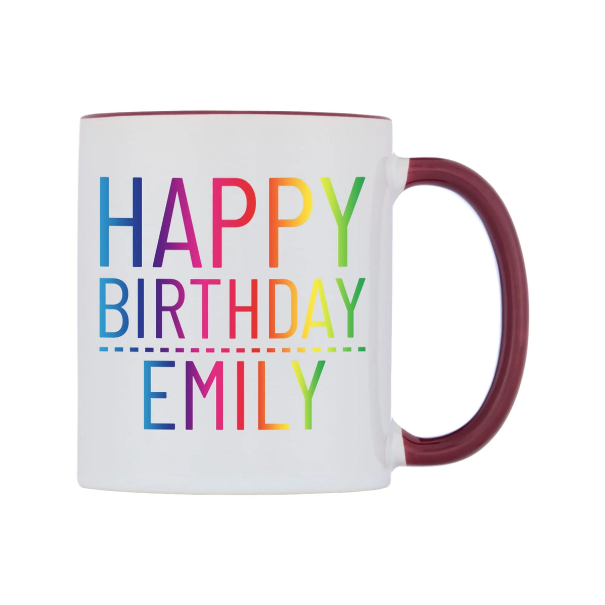 Personalised Happy Birthday (Rainbow) Mug — white 11oz gloss mug with a maroon inside and handle, left side, on a white background