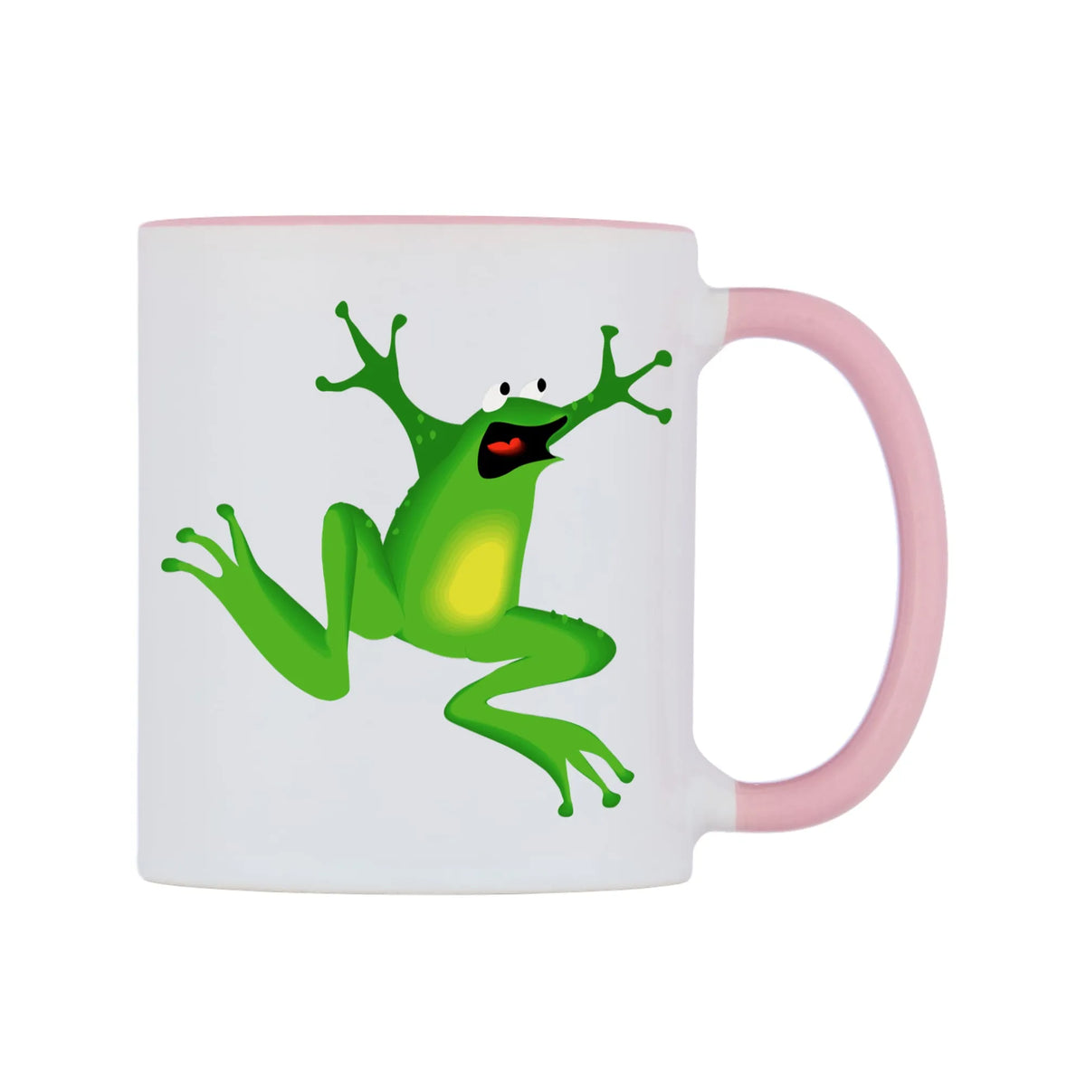 Dancing Frog Mug — white 11oz gloss mug with a pink inside and handle, left side, on a white background