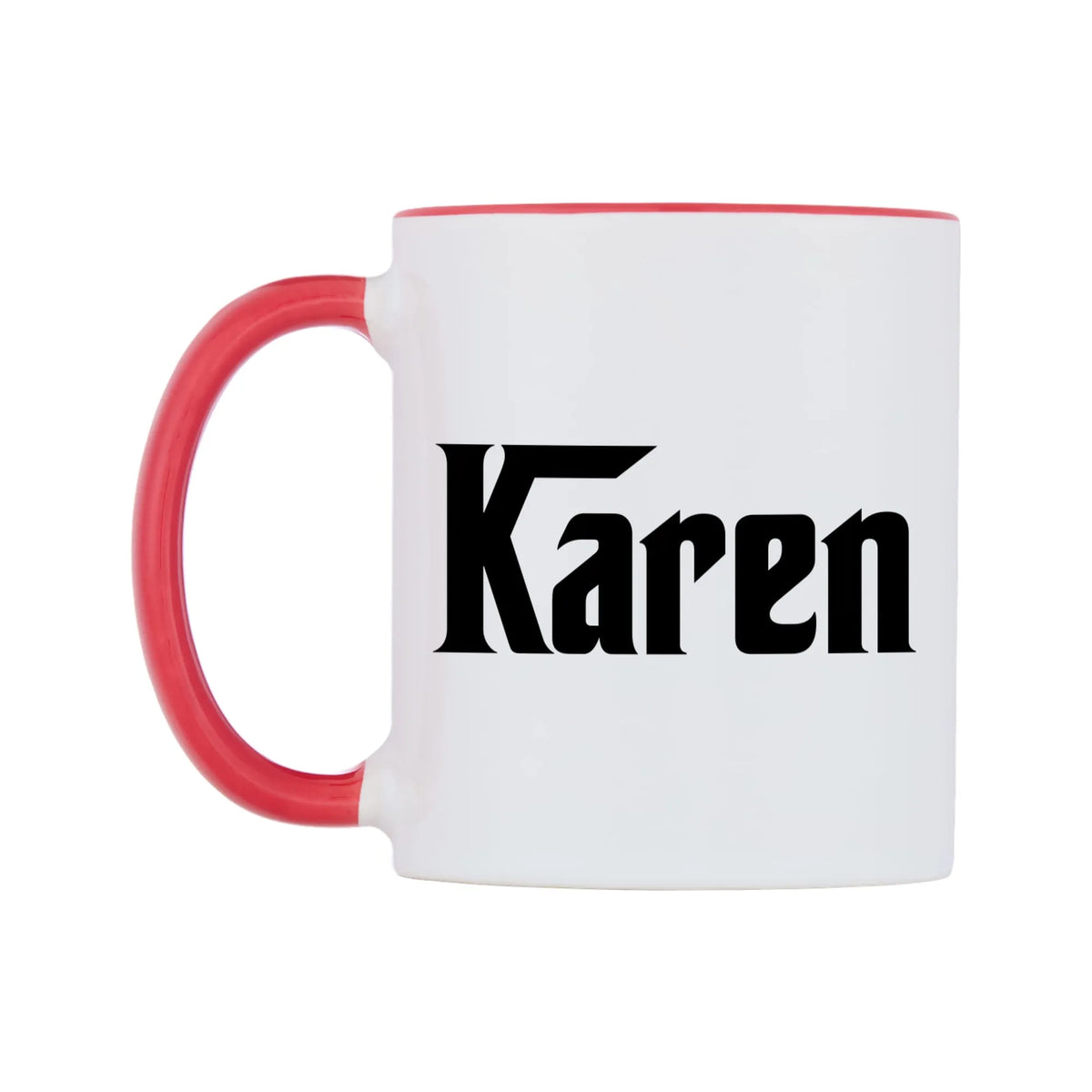 Karen - Godfather Themed Mug — white 11oz gloss mug with a red inside and handle, right side, on a white background