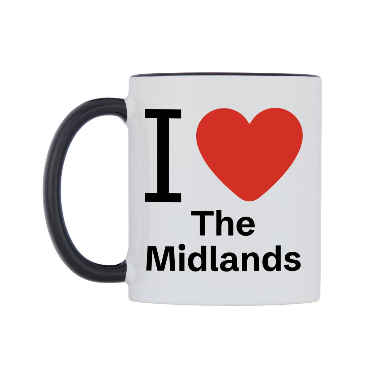 I Love The Midlands Mug — white 11oz gloss mug with a black inside and handle, right side, on a white background