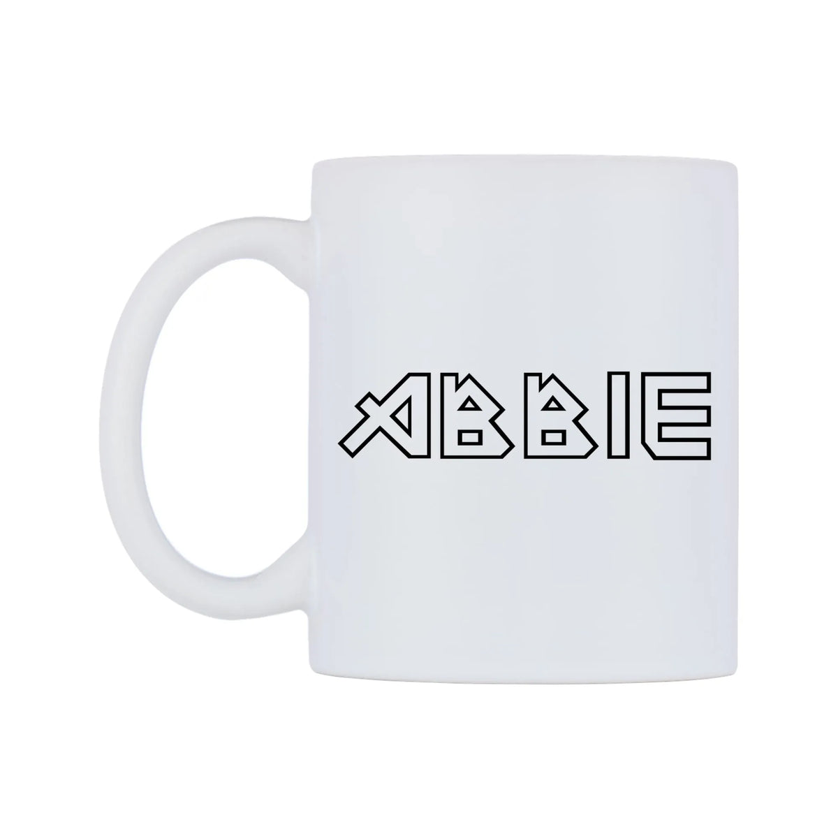 Abbie - Iron Maiden Themed Mug — white 11oz gloss mug, right side, on a white background