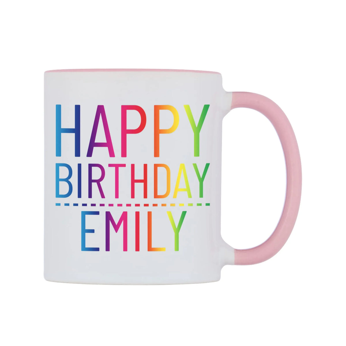 Personalised Happy Birthday (Rainbow) Mug — white 11oz gloss mug with a pink inside and handle, left side, on a white background