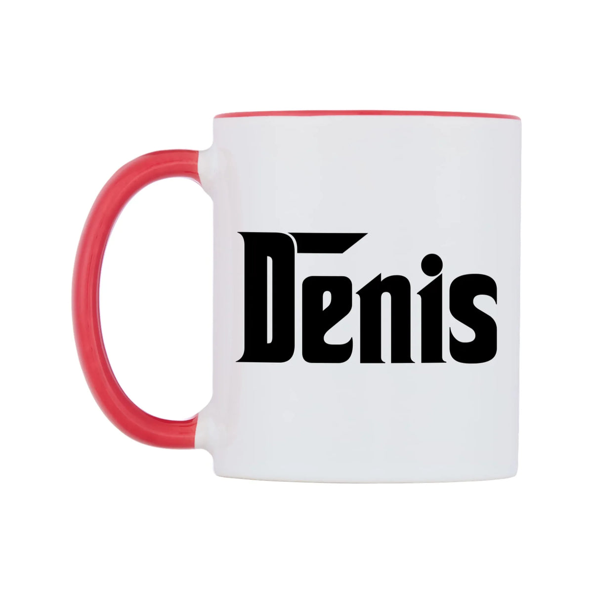 Denis - Godfather Themed Mug — white 11oz gloss mug with a red inside and handle, right side, on a white background