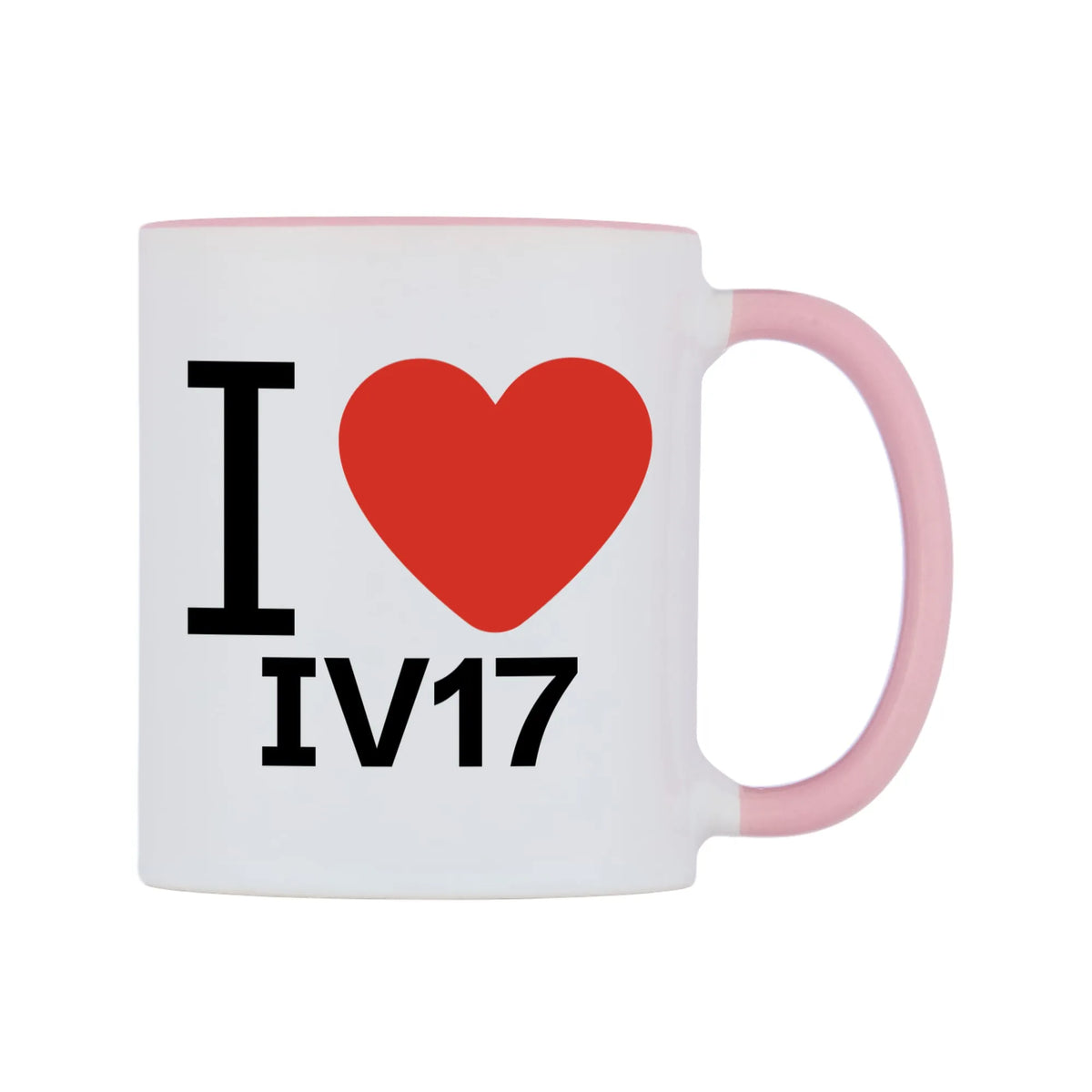 I Love IV17 Mug — white 11oz gloss mug with a pink inside and handle, left side, on a white background