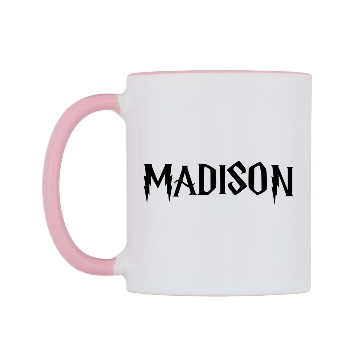 Madison - Wizard Themed Mug — white 11oz gloss mug with a pink inside and handle, right side, on a white background