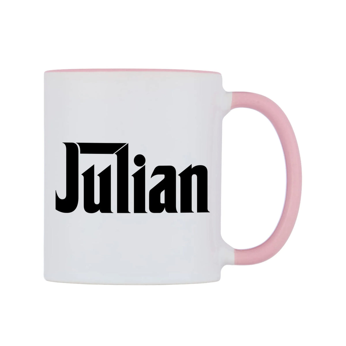 Julian - Godfather Themed Mug — white 11oz gloss mug with a pink inside and handle, left side, on a white background