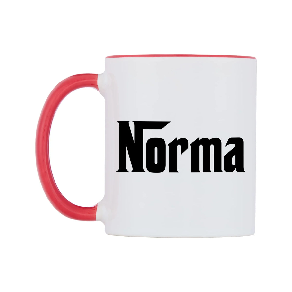 Norma - Godfather Themed Mug — white 11oz gloss mug with a red inside and handle, right side, on a white background