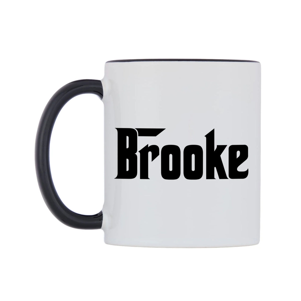 Brooke - Godfather Themed Mug — white 11oz gloss mug with a black inside and handle, right side, on a white background
