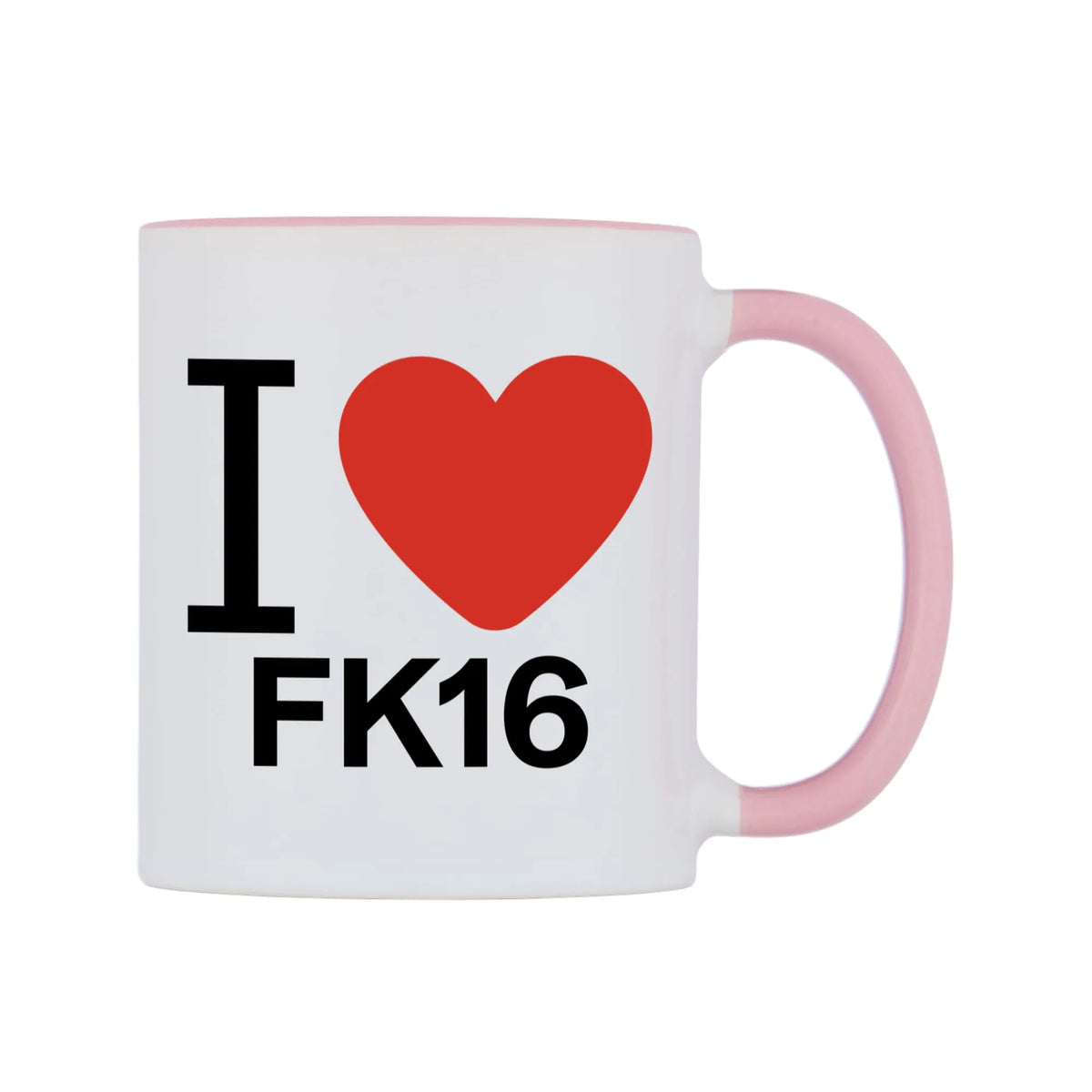 I Love FK16 Mug — white 11oz gloss mug with a pink inside and handle, left side, on a white background