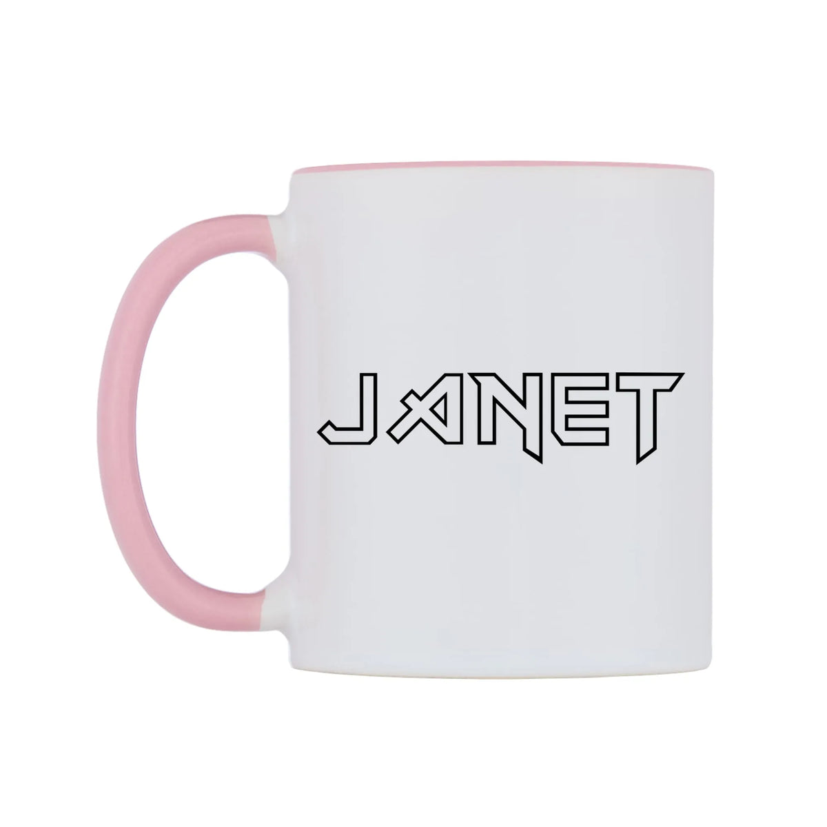 Janet - Iron Maiden Themed Mug — white 11oz gloss mug with a pink inside and handle, right side, on a white background