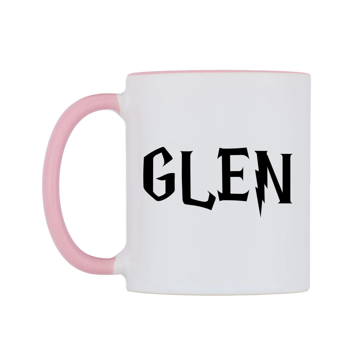 Glen - Wizard Themed Mug — white 11oz gloss mug with a pink inside and handle, right side, on a white background
