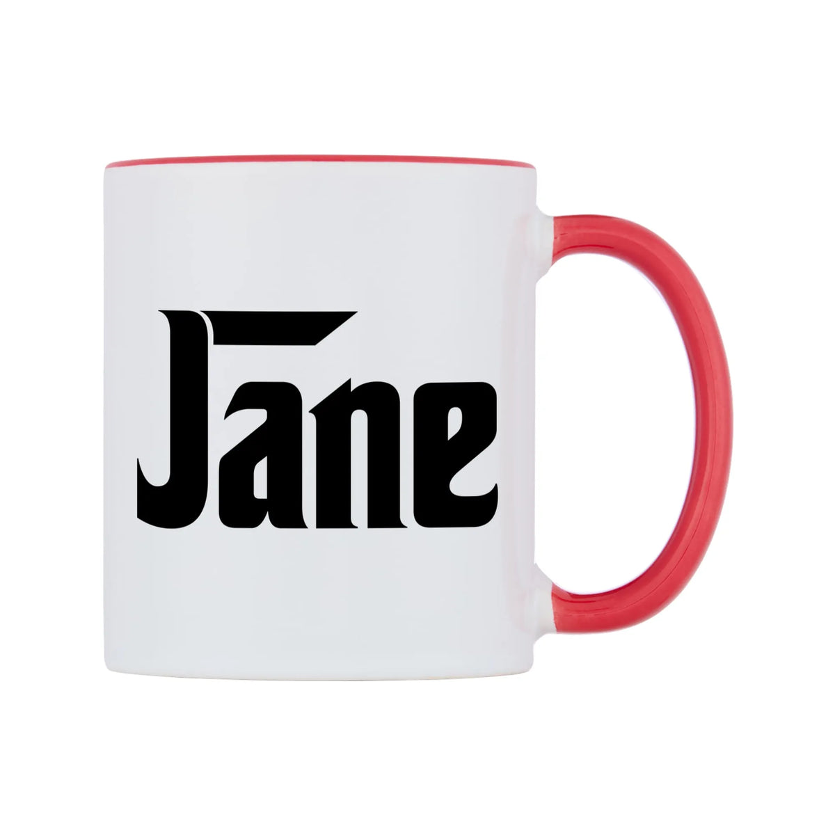 Jane - Godfather Themed Mug — white 11oz gloss mug with a red inside and handle, left side, on a white background