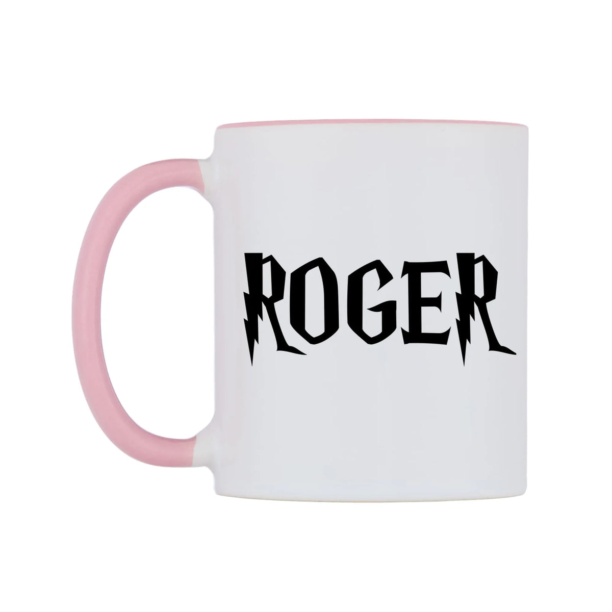Roger - Wizard Themed Mug — white 11oz gloss mug with a pink inside and handle, right side, on a white background