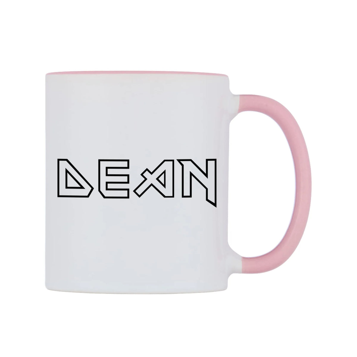 Dean - Iron Maiden Themed Mug — white 11oz gloss mug with a pink inside and handle, left side, on a white background