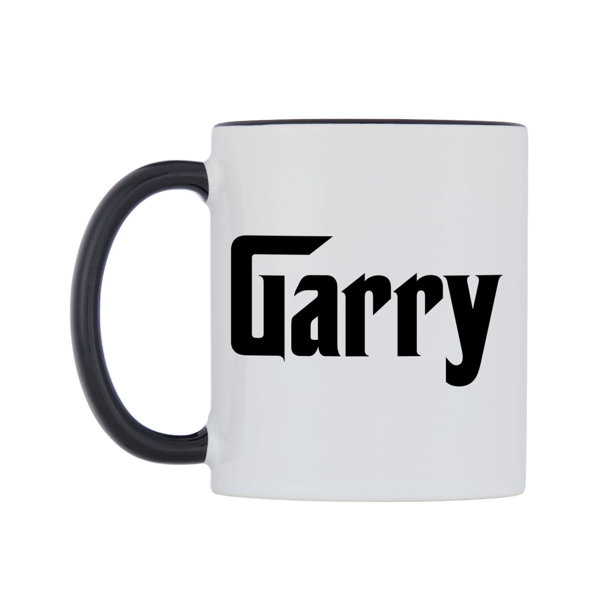 Garry - Godfather Themed Mug — white 11oz gloss mug with a black inside and handle, right side, on a white background