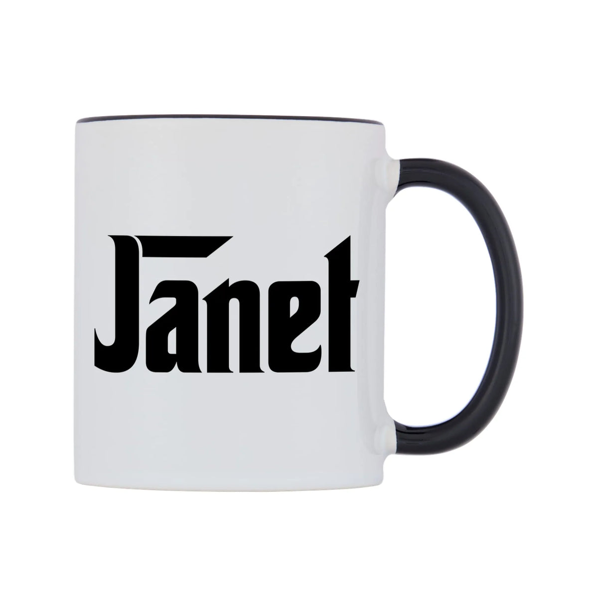 Janet - Godfather Themed Mug — white 11oz gloss mug with a black inside and handle, left side, on a white background