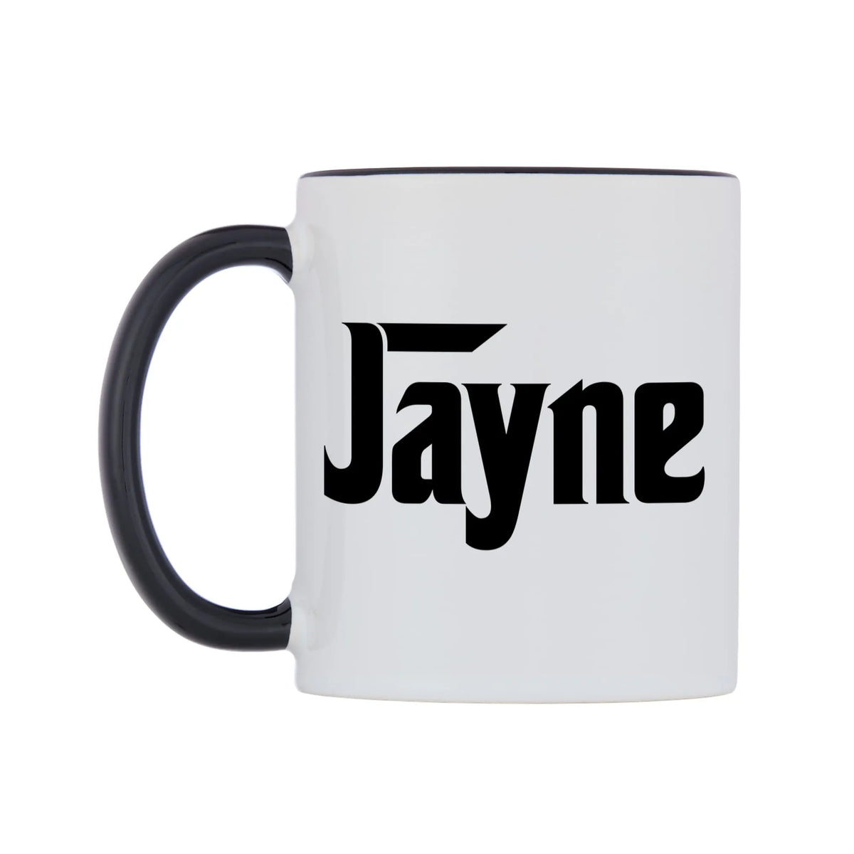 Jayne - Godfather Themed Mug — white 11oz gloss mug with a black inside and handle, right side, on a white background