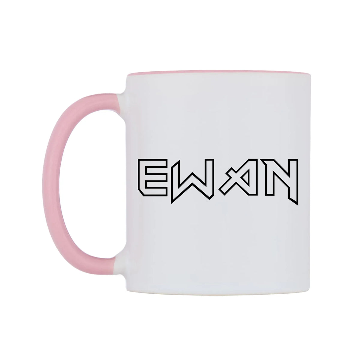Ewan - Iron Maiden Themed Mug — white 11oz gloss mug with a pink inside and handle, right side, on a white background