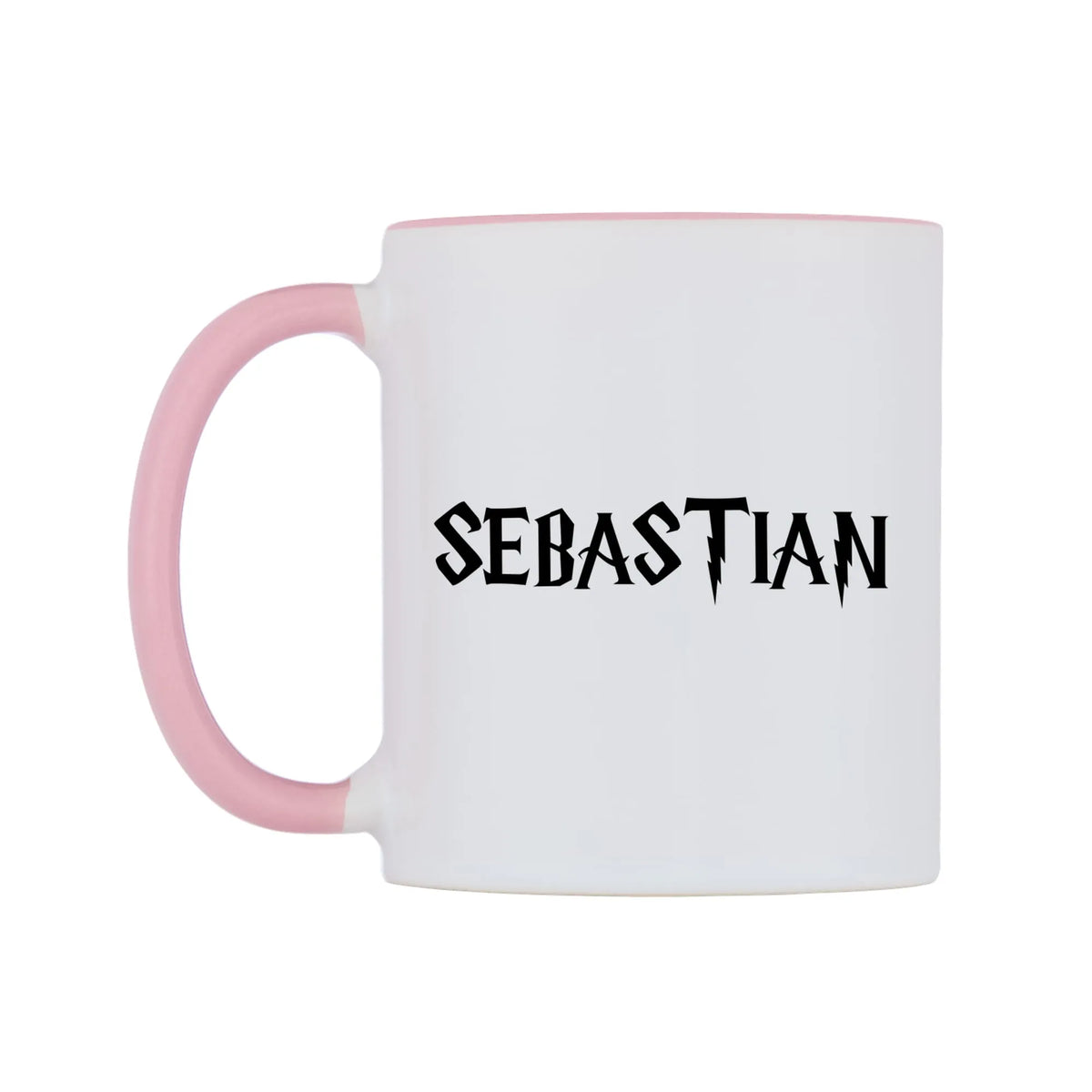 Sebastian - Wizard Themed Mug — white 11oz gloss mug with a pink inside and handle, right side, on a white background