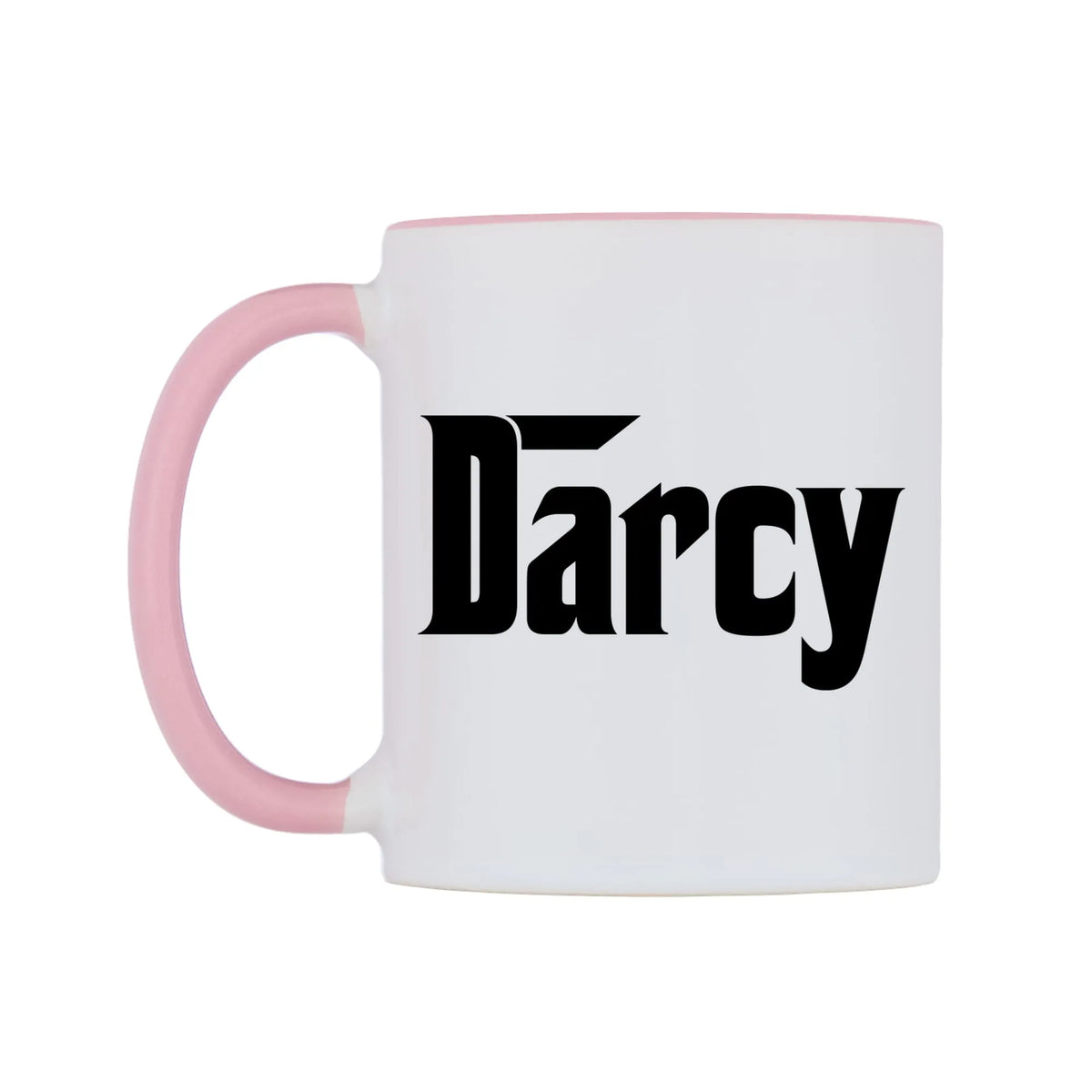 Darcy - Godfather Themed Mug — white 11oz gloss mug with a pink inside and handle, right side, on a white background