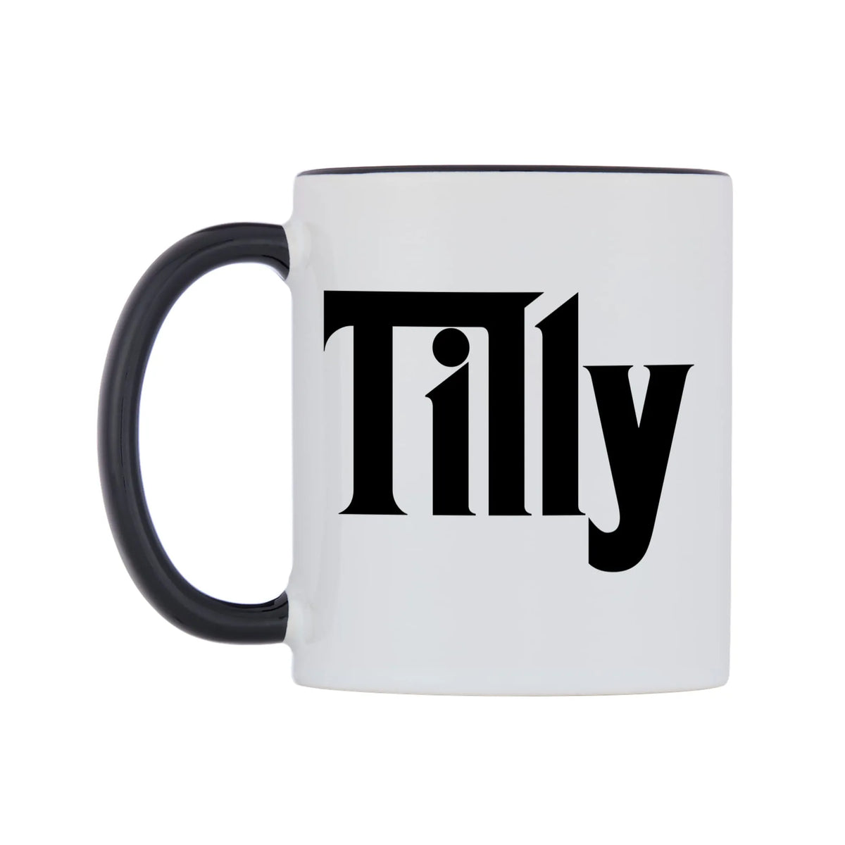 Tilly - Godfather Themed Mug — white 11oz gloss mug with a black inside and handle, right side, on a white background