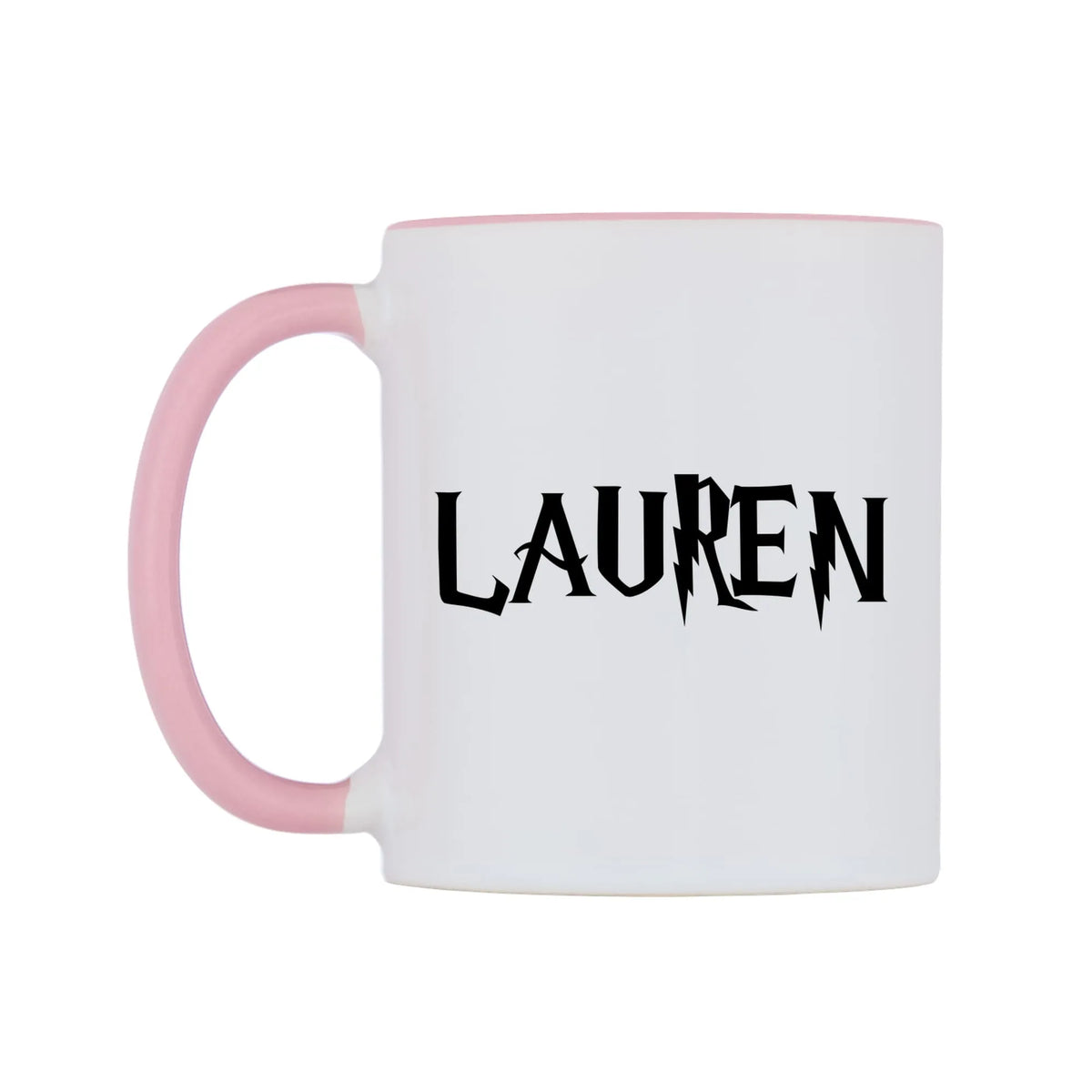 Lauren - Wizard Themed Mug — white 11oz gloss mug with a pink inside and handle, right side, on a white background