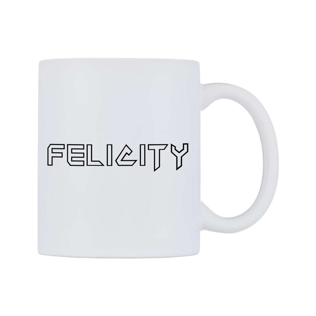 Felicity - Iron Maiden Themed Mug — white 11oz gloss mug, left side, on a white background