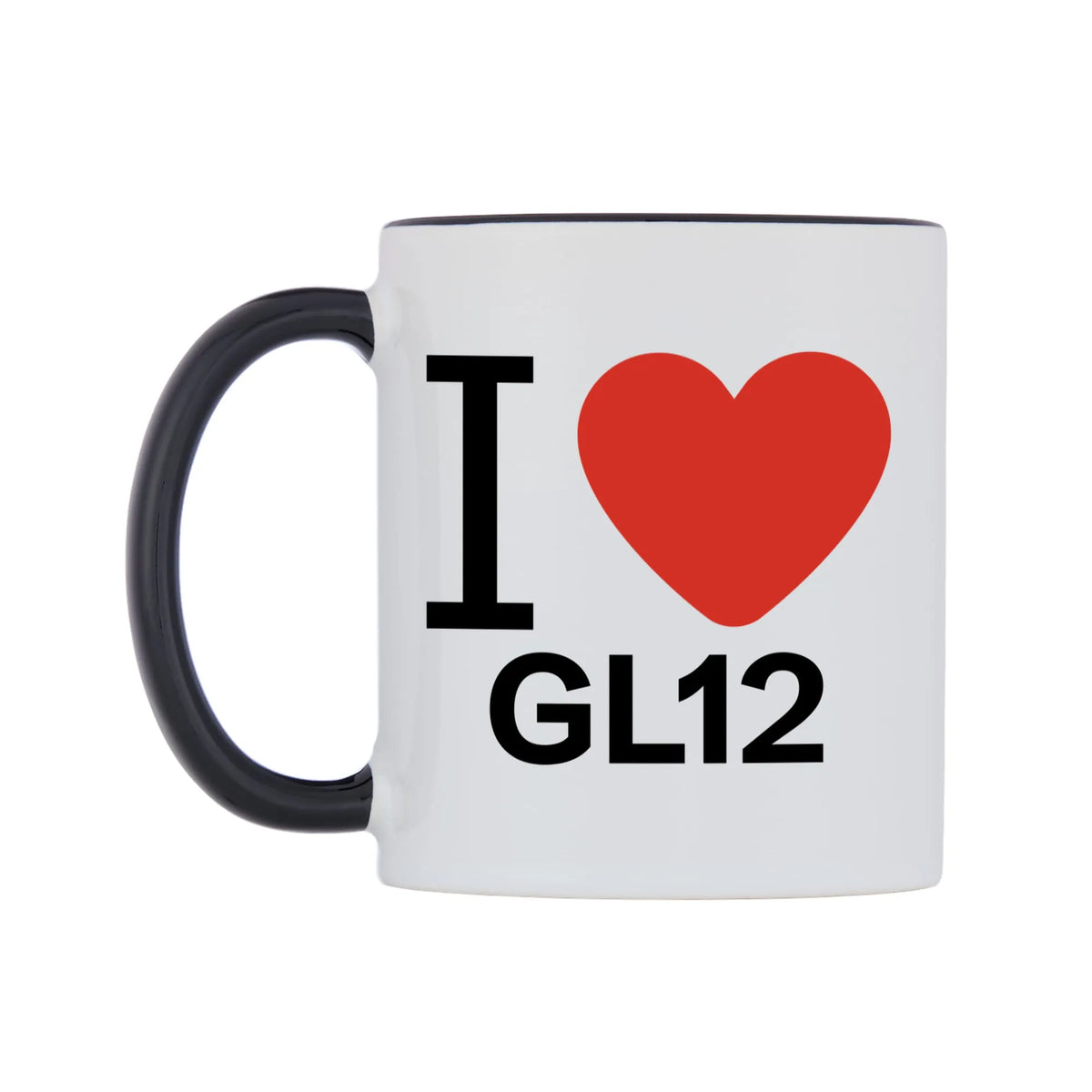 I Love GL12 Mug — white 11oz gloss mug with a black inside and handle, right side, on a white background