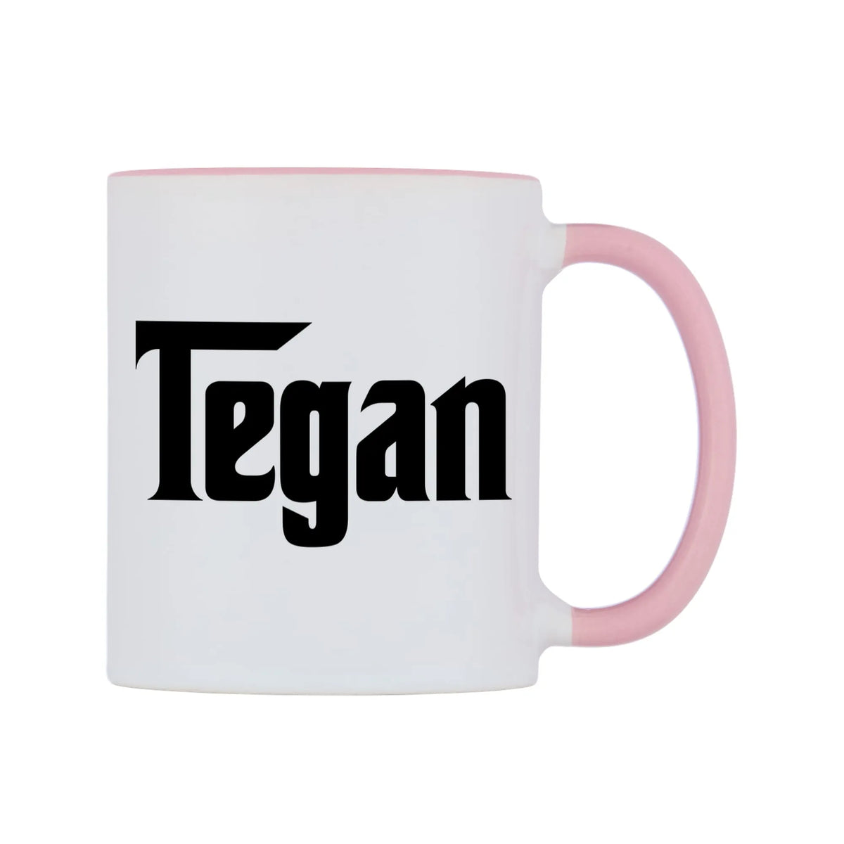 Tegan - Godfather Themed Mug — white 11oz gloss mug with a pink inside and handle, left side, on a white background