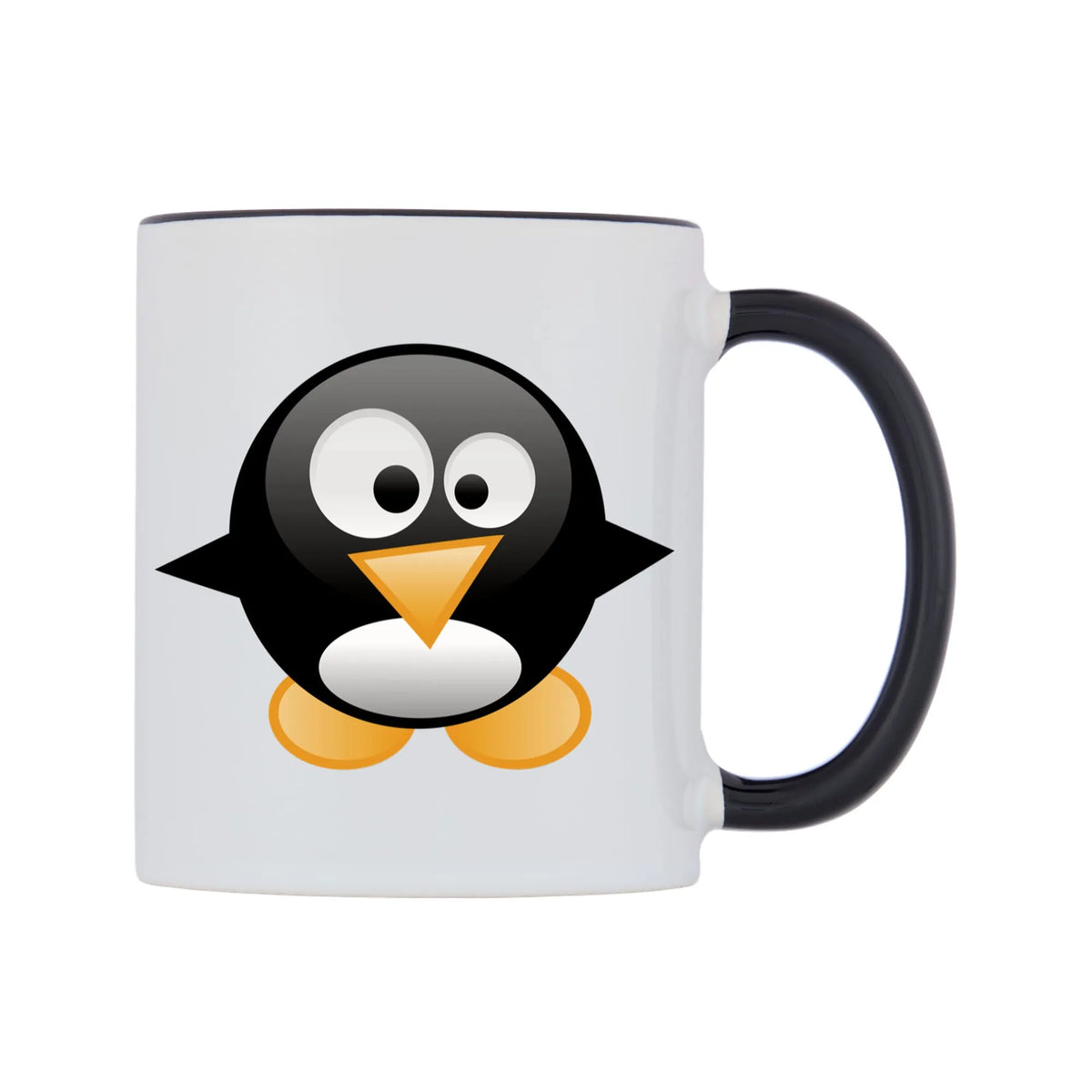 Cute Penguin Mug — white 11oz gloss mug with a black inside and handle, left side, on a white background