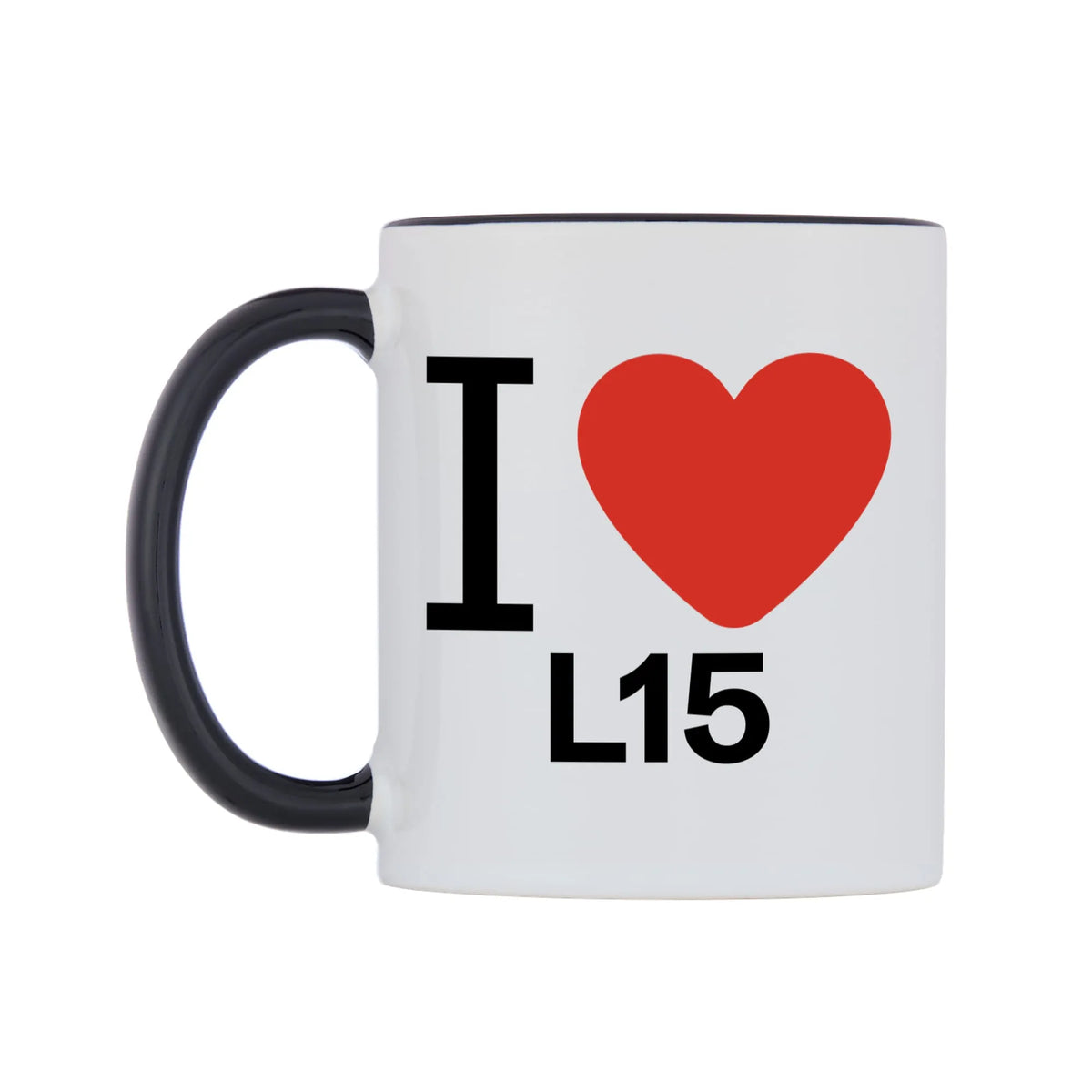 I Love L15 Mug — white 11oz gloss mug with a black inside and handle, right side, on a white background