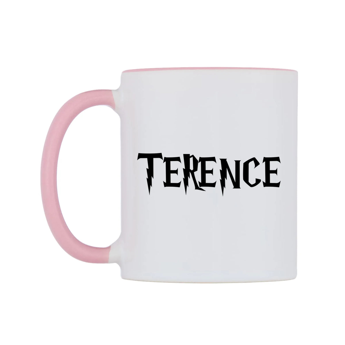 Terence - Wizard Themed Mug — white 11oz gloss mug with a pink inside and handle, right side, on a white background