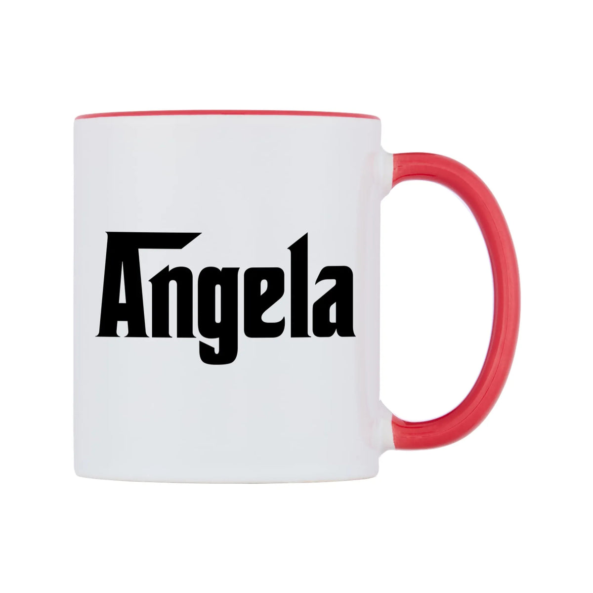 Angela - Godfather Themed Mug — white 11oz gloss mug with a red inside and handle, left side, on a white background