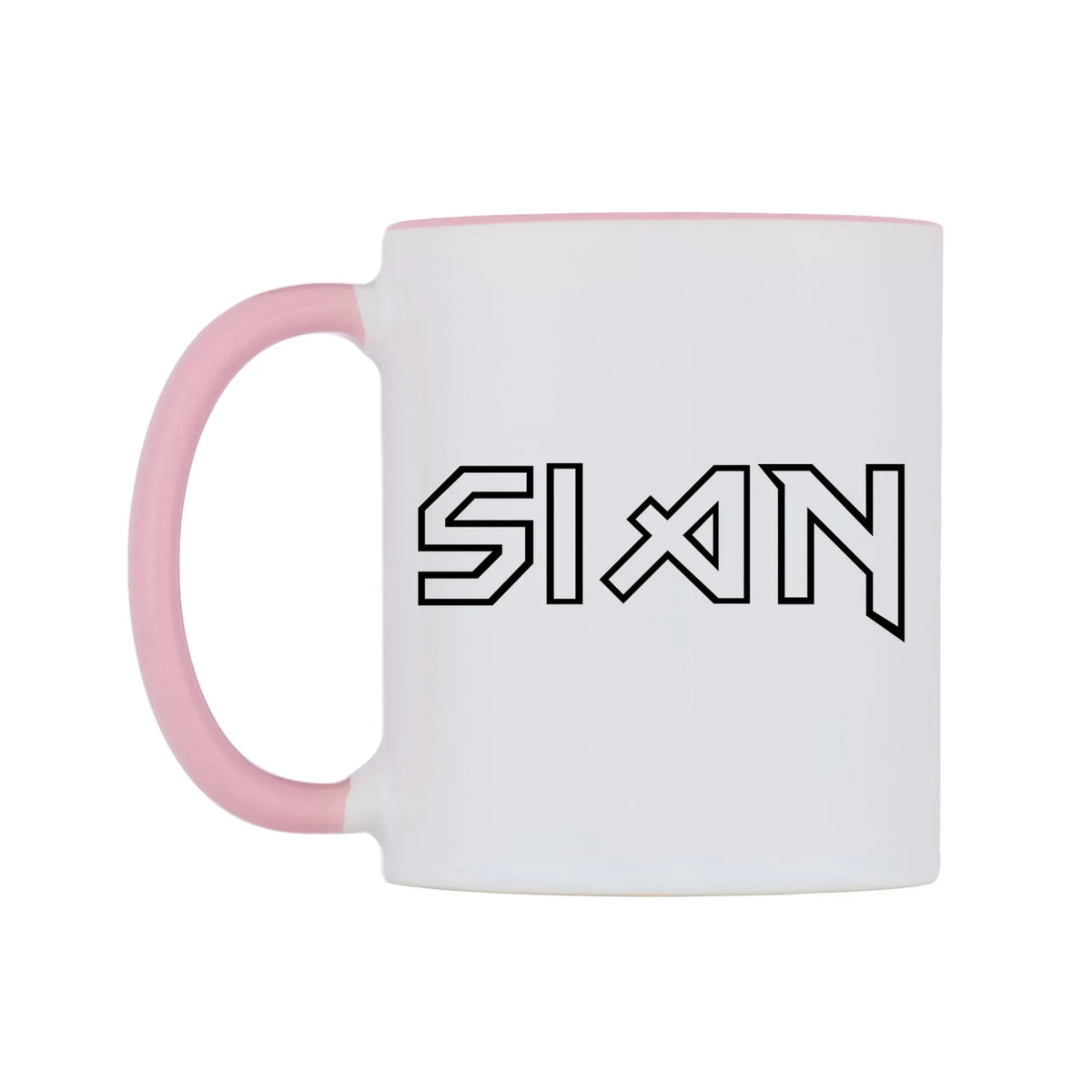 Sian - Iron Maiden Themed Mug — white 11oz gloss mug with a pink inside and handle, right side, on a white background