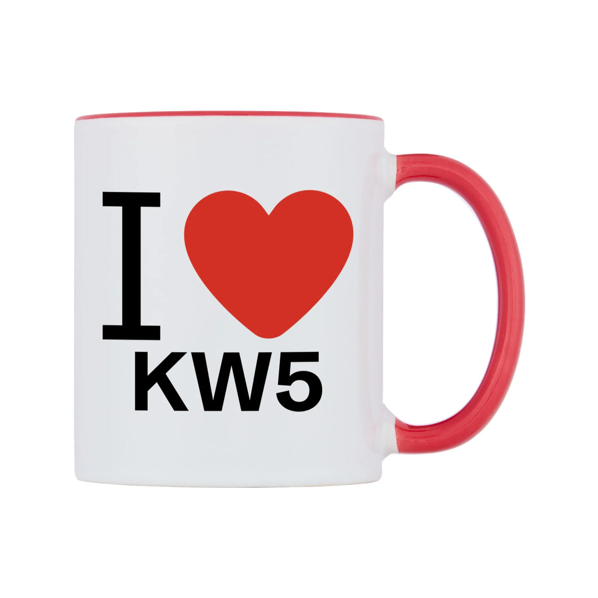 I Love KW5 Mug — white 11oz gloss mug with a red inside and handle, left side, on a white background