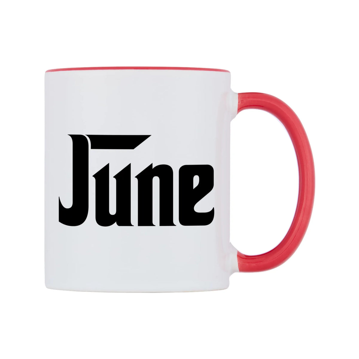 June - Godfather Themed Mug — white 11oz gloss mug with a red inside and handle, left side, on a white background