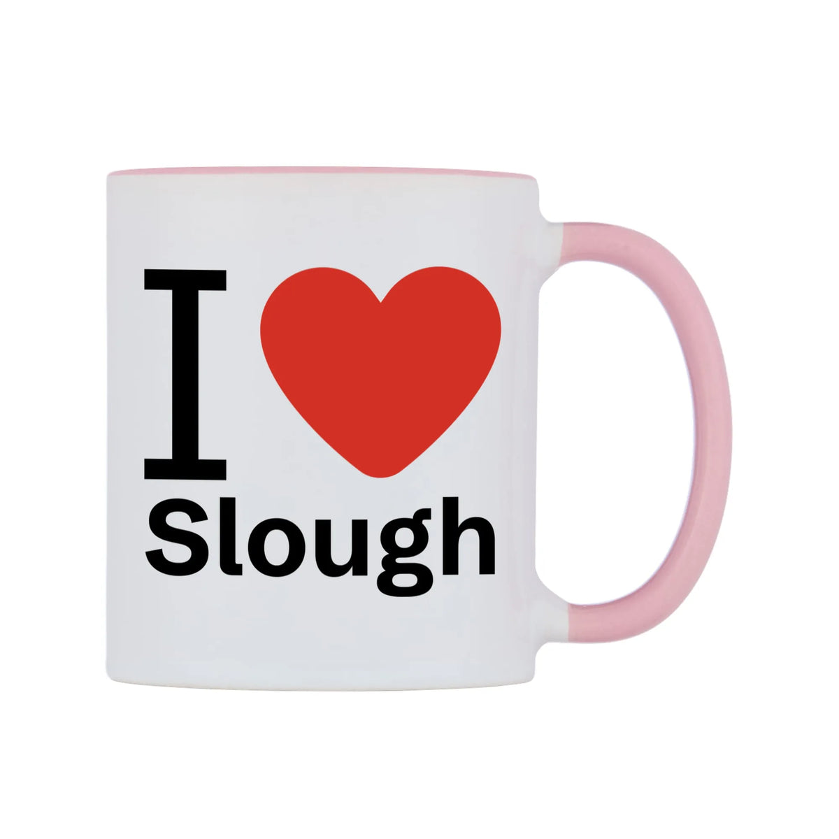 I Love Slough Mug — white 11oz gloss mug with a pink inside and handle, left side, on a white background