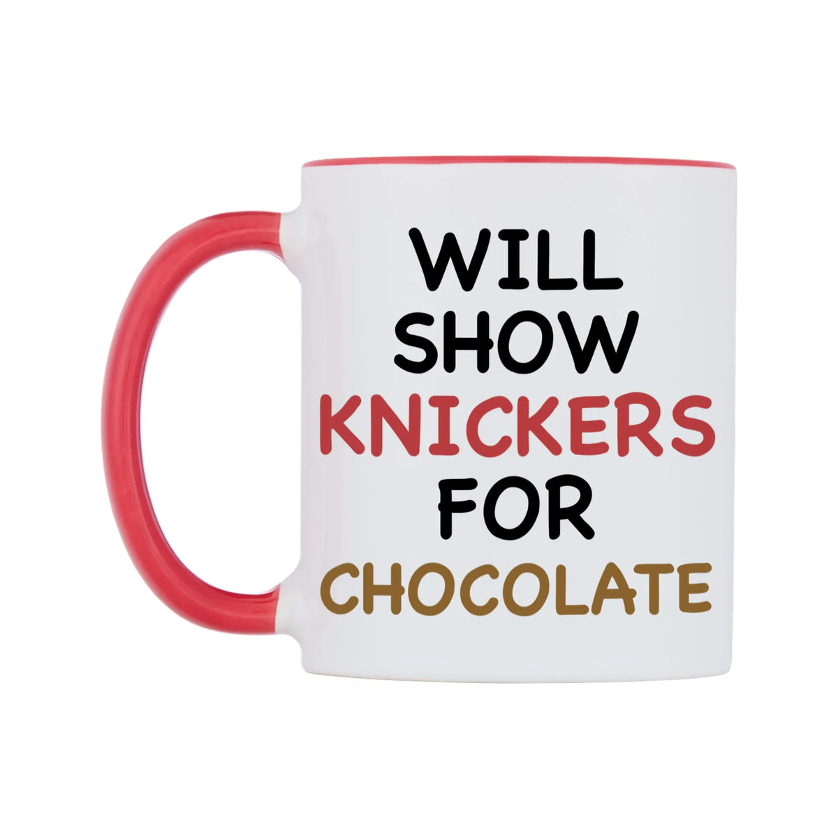 Will Show Knickers for Chocolate Mug — white 11oz gloss mug with a red inside and handle, right side, on a white background