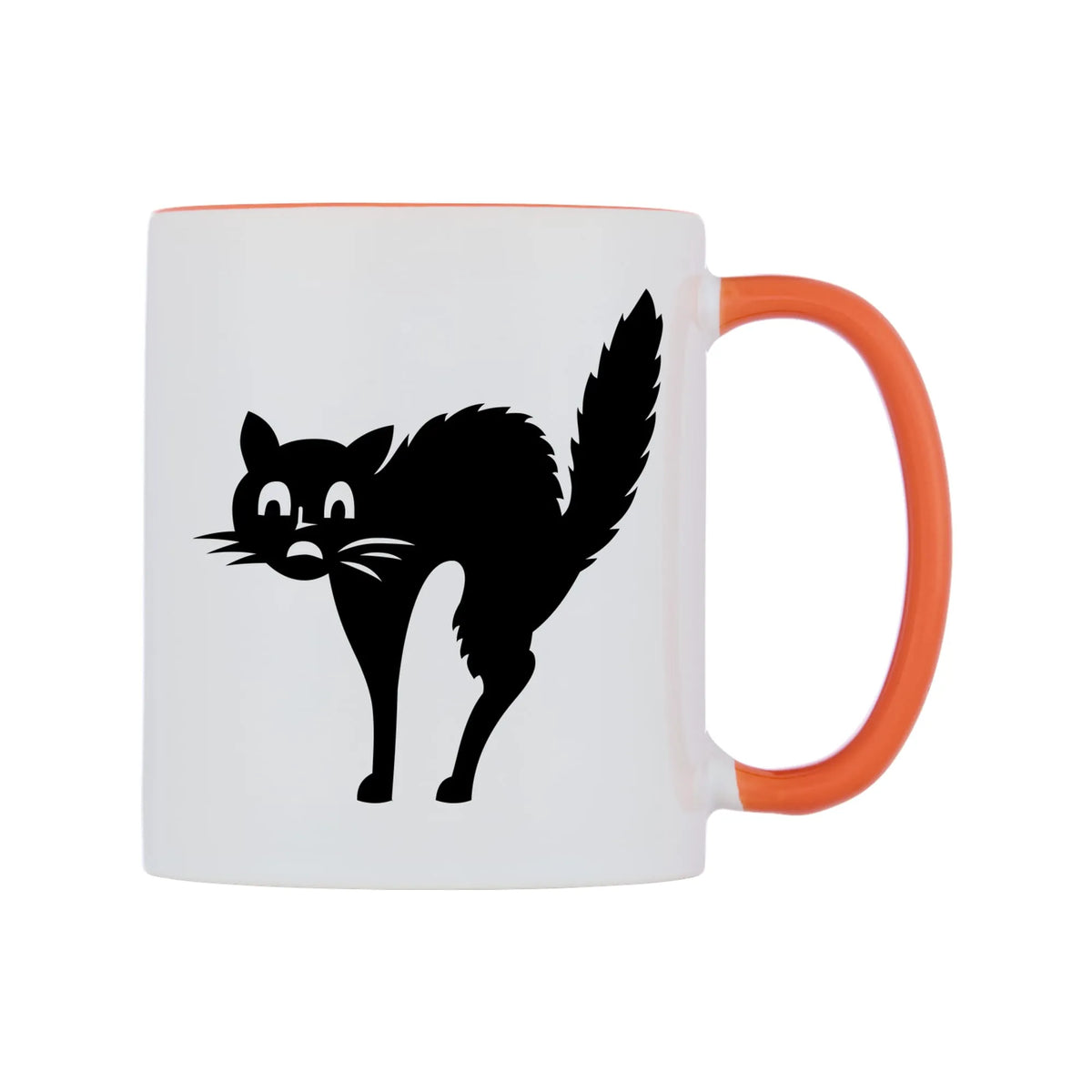 Scared Black Cat Mug — white 11oz gloss mug with a orange inside and handle, left side, on a white background