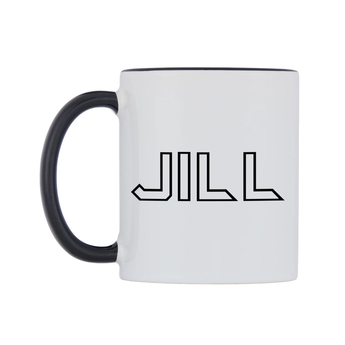Jill - Iron Maiden Themed Mug — white 11oz gloss mug with a black inside and handle, right side, on a white background