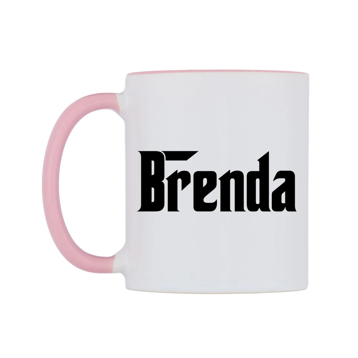 Brenda - Godfather Themed Mug — white 11oz gloss mug with a pink inside and handle, right side, on a white background