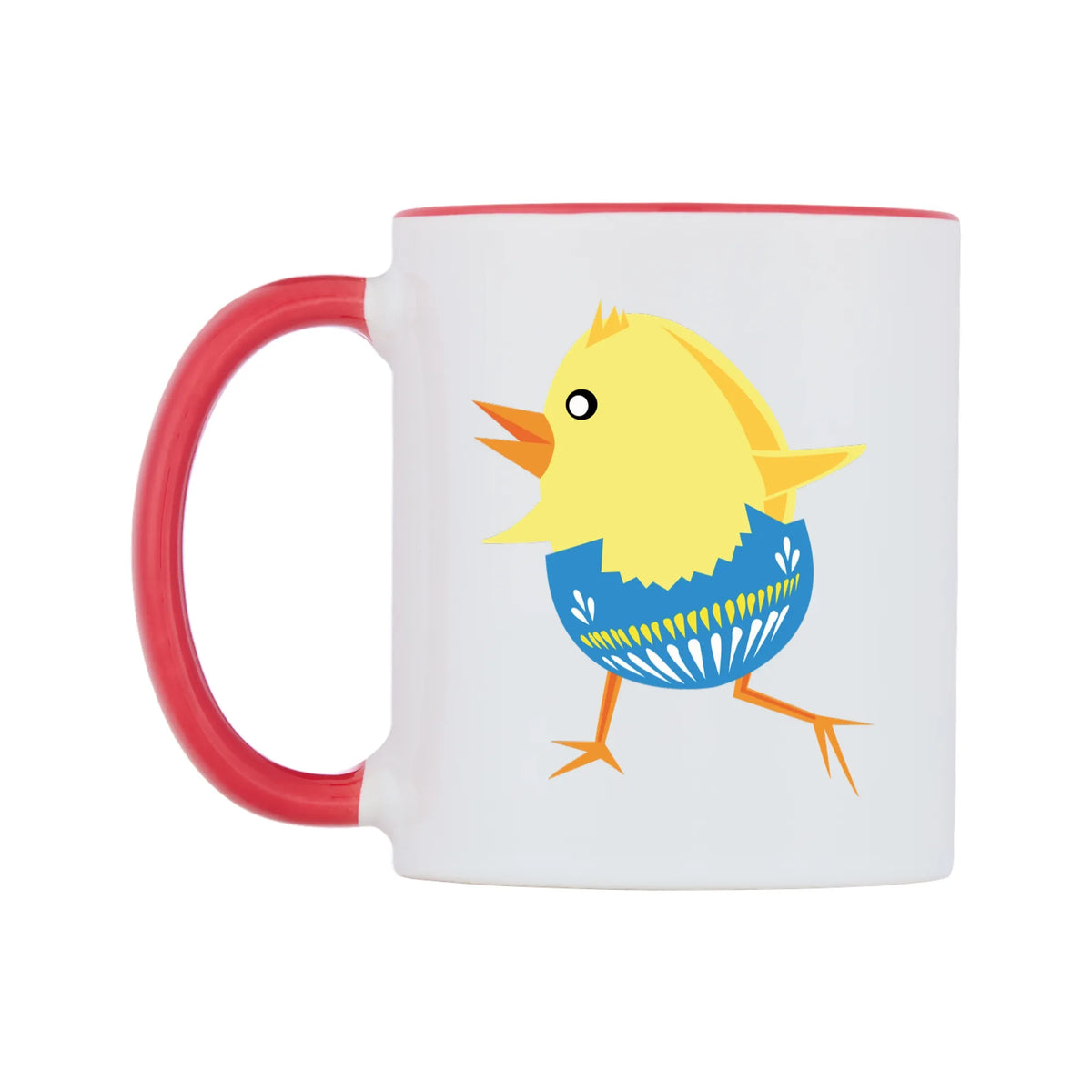 Smooth Walkin Easter Chick Mug — white 11oz gloss mug with a red inside and handle, right side, on a white background
