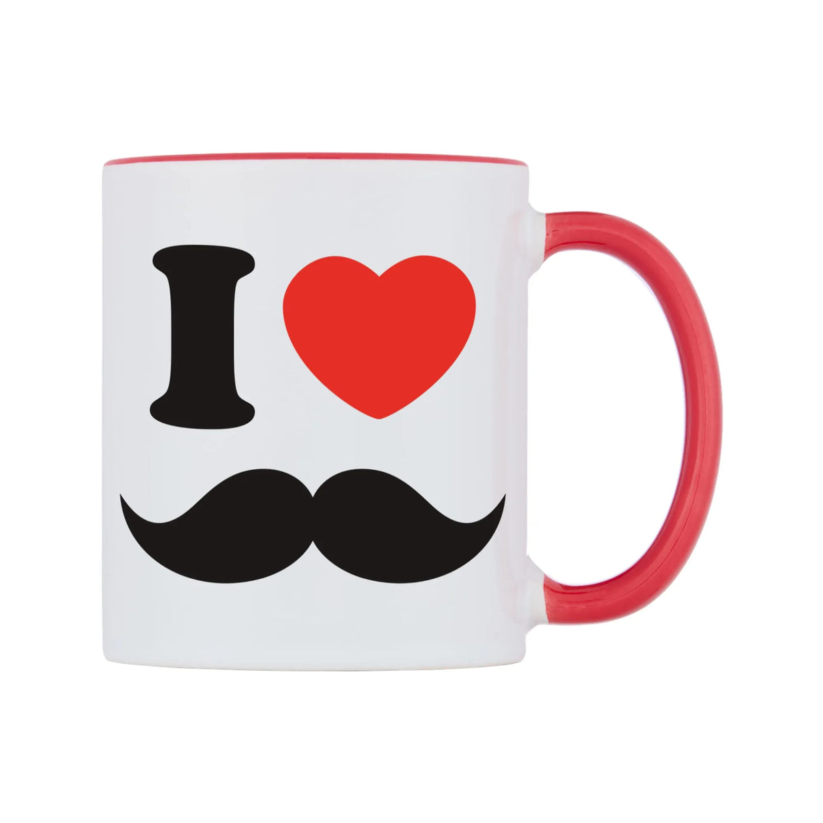 I Love Moustaches Mug — white 11oz gloss mug with a red inside and handle, left side, on a white background